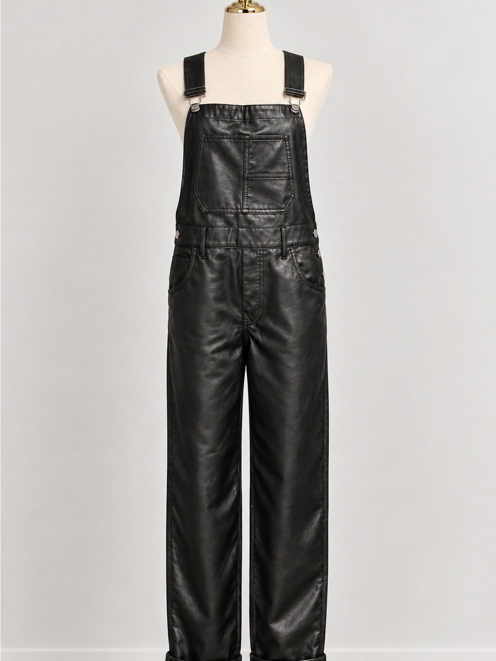 Black Faux Leather Overalls - Women Jeans